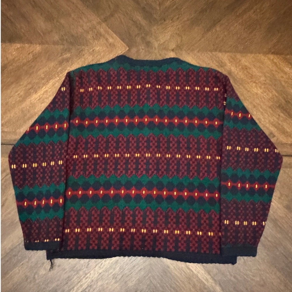 Tally-Ho Vintage Geometric Fair Isle Cardigan Sweater Burgundy Green Navy Small - Picture 3 of 6